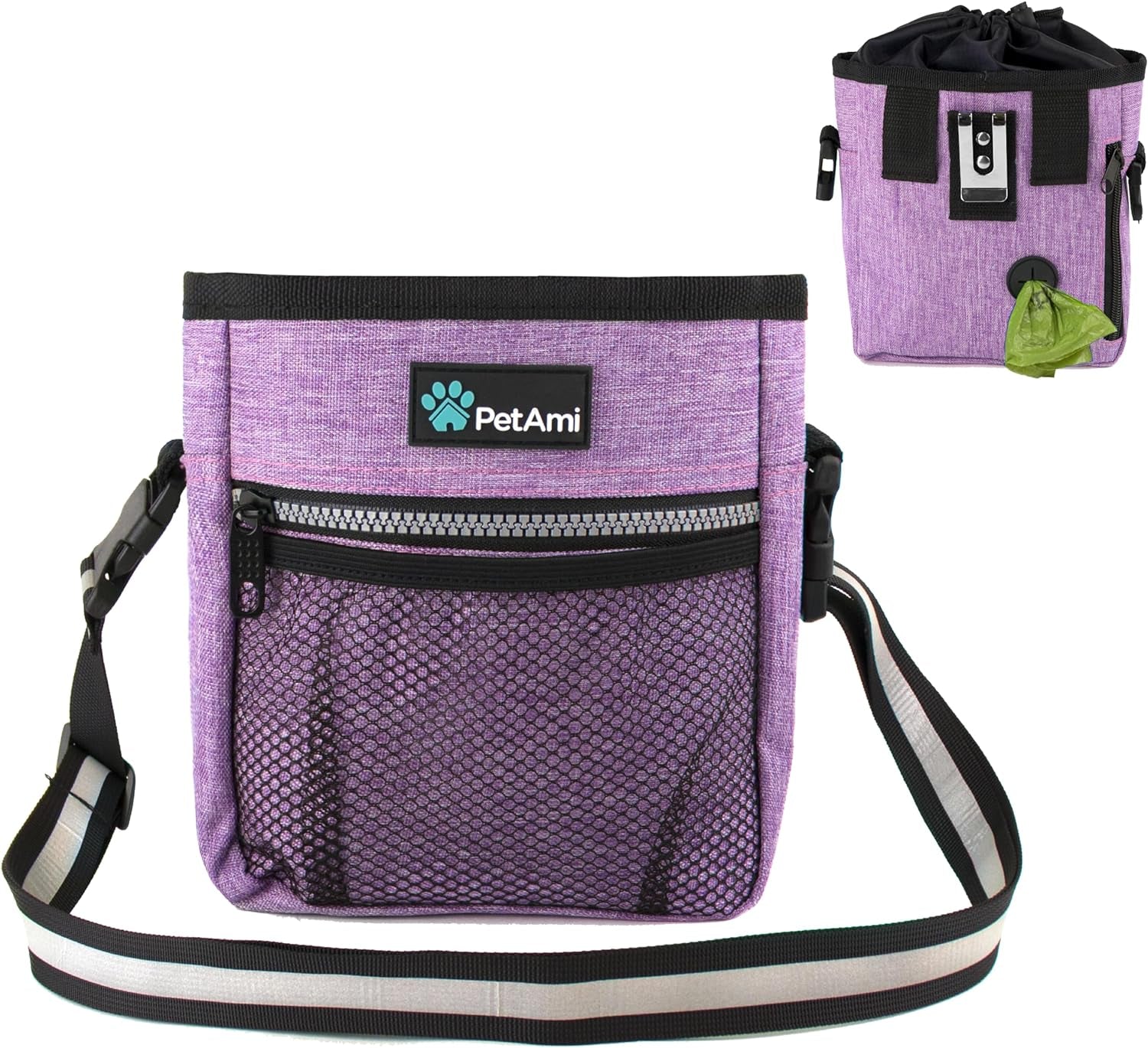 Dog Treat Pouch | Dog Training Pouch Bag with Waist Shoulder Strap, Poop Bag Dispenser | Treat Training Bag for Treats, Kibbles, Pet Toys | 3 Ways to Wear (Purple)