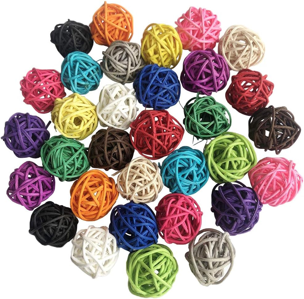 Rattan Balls 32 Pack 1.2 Inch Wicker Ball Birds Toy Parrot Parakeet Chewing Toys Pet Cage Bite Toys Decorative Ball Orbs Crafts DIY Accessories Vase Fillers (Multi-Colored)