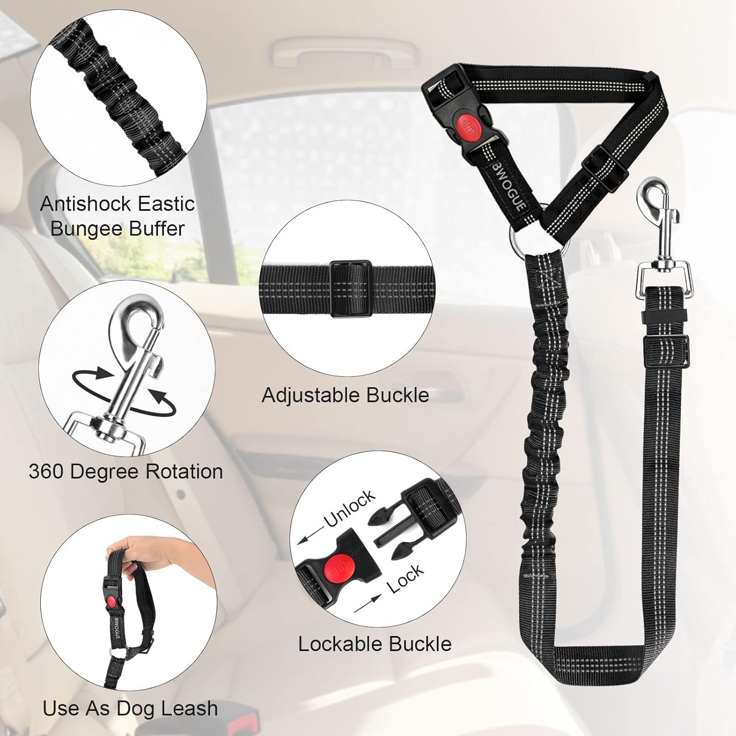 2 Packs Dog Cat Safety Seat Belt Strap Car Headrest Restraint Adjustable Nylon Fabric Dog Restraints Vehicle Seatbelts Harness Black Elastic Bungee