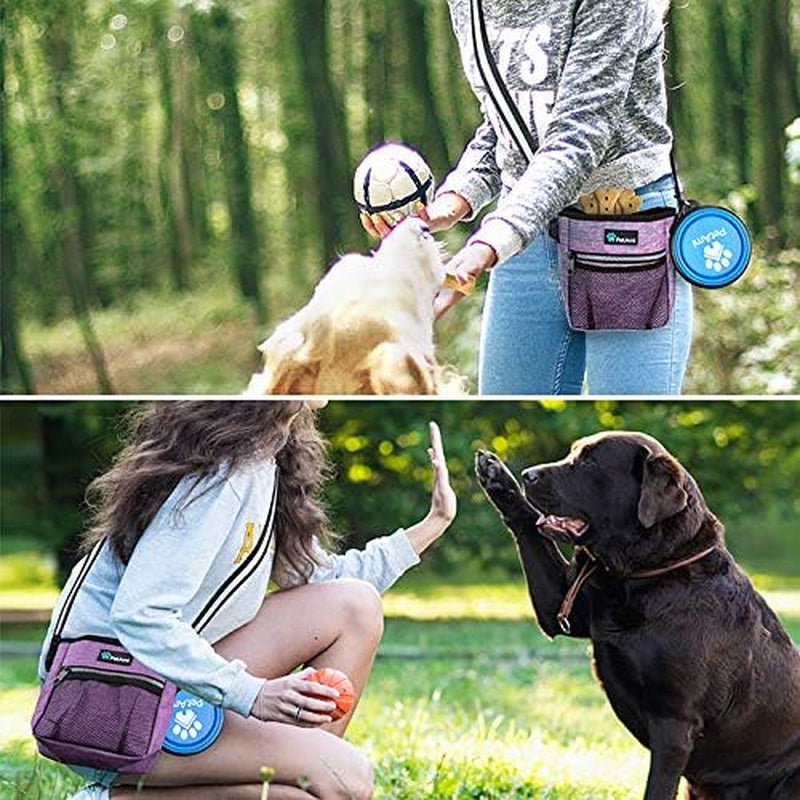 Dog Treat Pouch | Dog Training Pouch Bag with Waist Shoulder Strap, Poop Bag Dispenser | Treat Training Bag for Treats, Kibbles, Pet Toys | 3 Ways to Wear (Purple)
