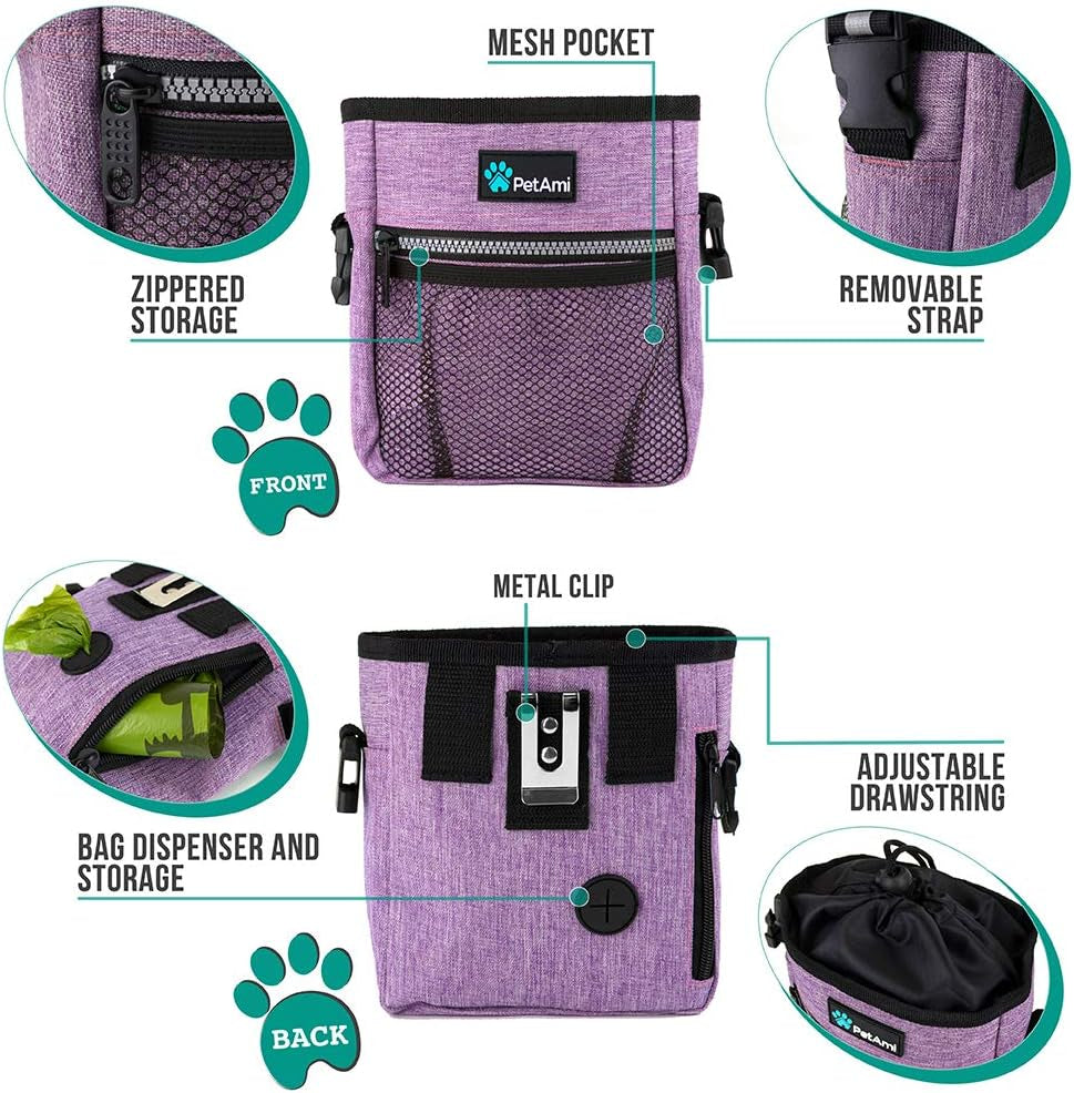 Dog Treat Pouch | Dog Training Pouch Bag with Waist Shoulder Strap, Poop Bag Dispenser | Treat Training Bag for Treats, Kibbles, Pet Toys | 3 Ways to Wear (Purple)