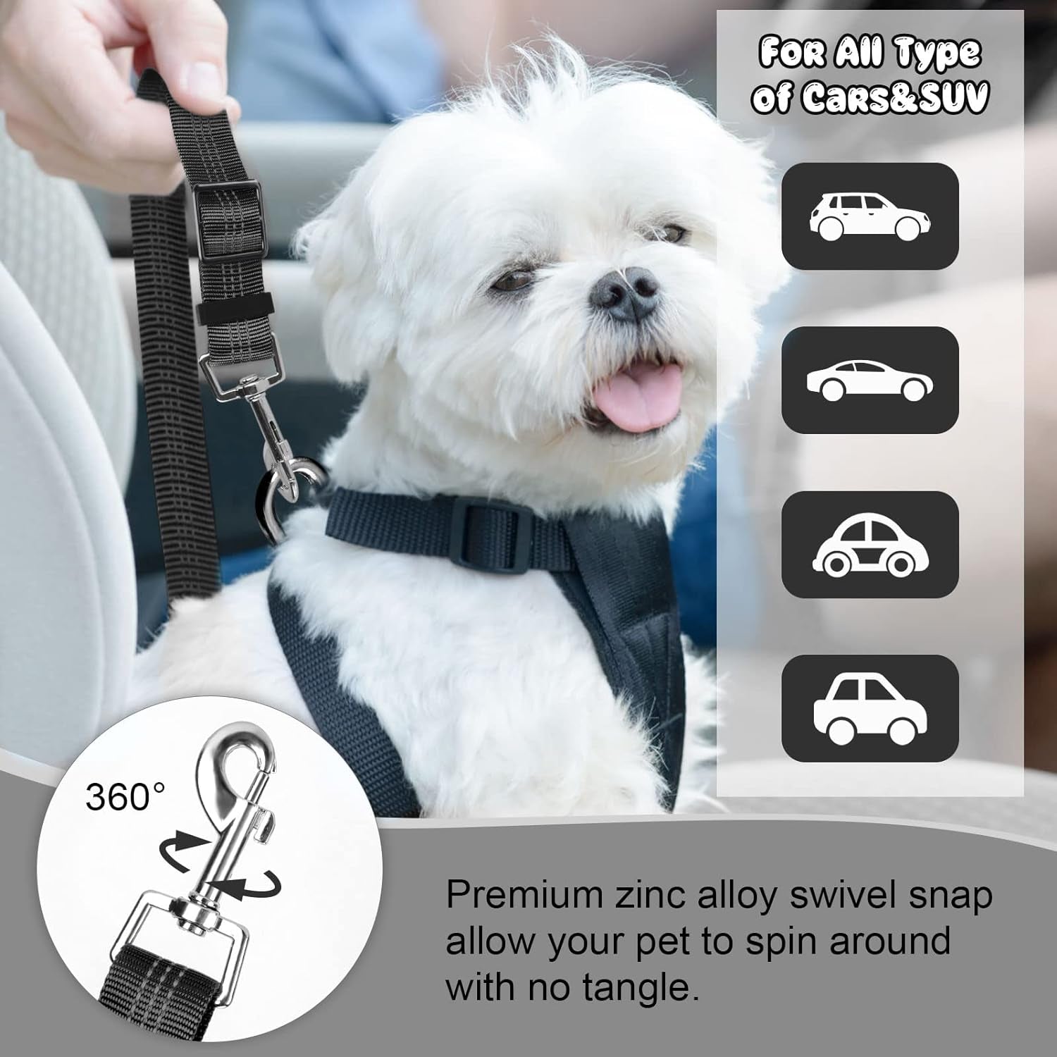 2 Packs Dog Cat Safety Seat Belt Strap Car Headrest Restraint Adjustable Nylon Fabric Dog Restraints Vehicle Seatbelts Harness Black Elastic Bungee