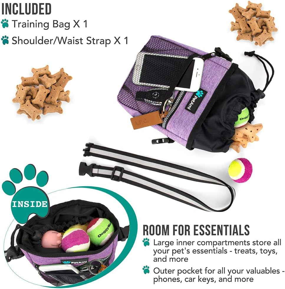 Dog Treat Pouch | Dog Training Pouch Bag with Waist Shoulder Strap, Poop Bag Dispenser | Treat Training Bag for Treats, Kibbles, Pet Toys | 3 Ways to Wear (Purple)