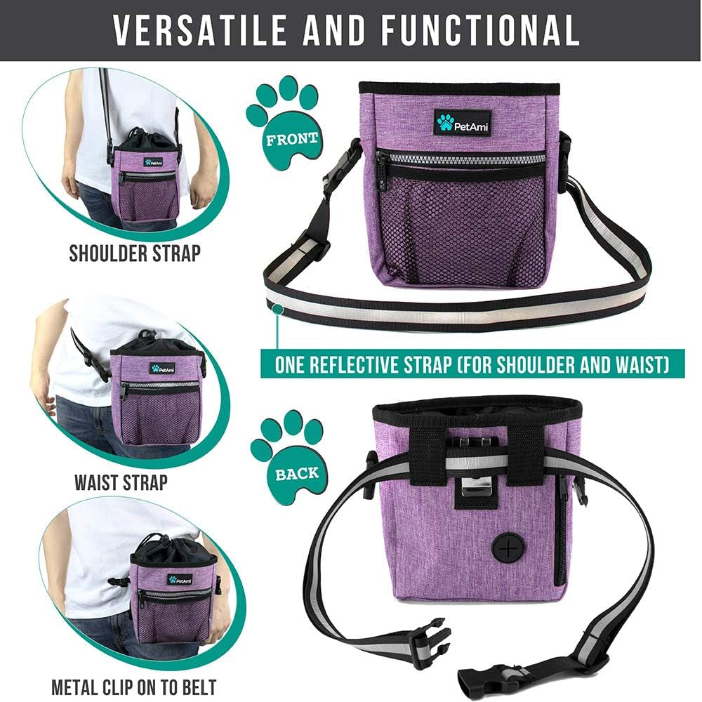 Dog Treat Pouch | Dog Training Pouch Bag with Waist Shoulder Strap, Poop Bag Dispenser | Treat Training Bag for Treats, Kibbles, Pet Toys | 3 Ways to Wear (Purple)
